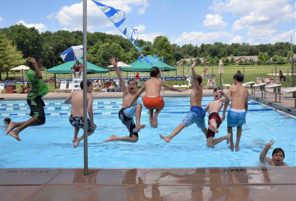 boys jumping into swimming pool